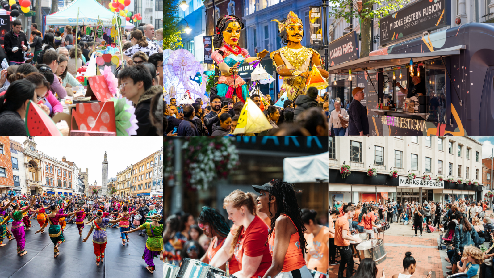 Collage of six images showing events and brand activations in Reading town centre